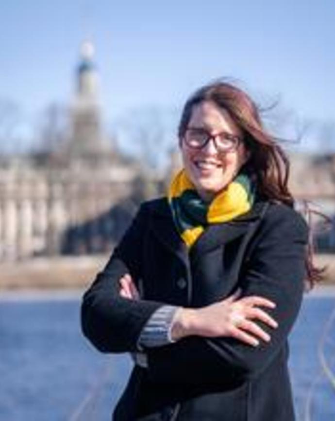 Dean Laura Chivers standing outside near Harvard